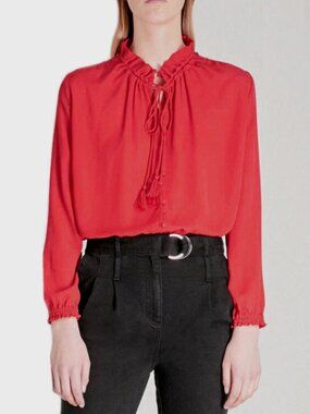 Maje Chiffon Crepe Tie Neck Long Sleeve Blouse Size L